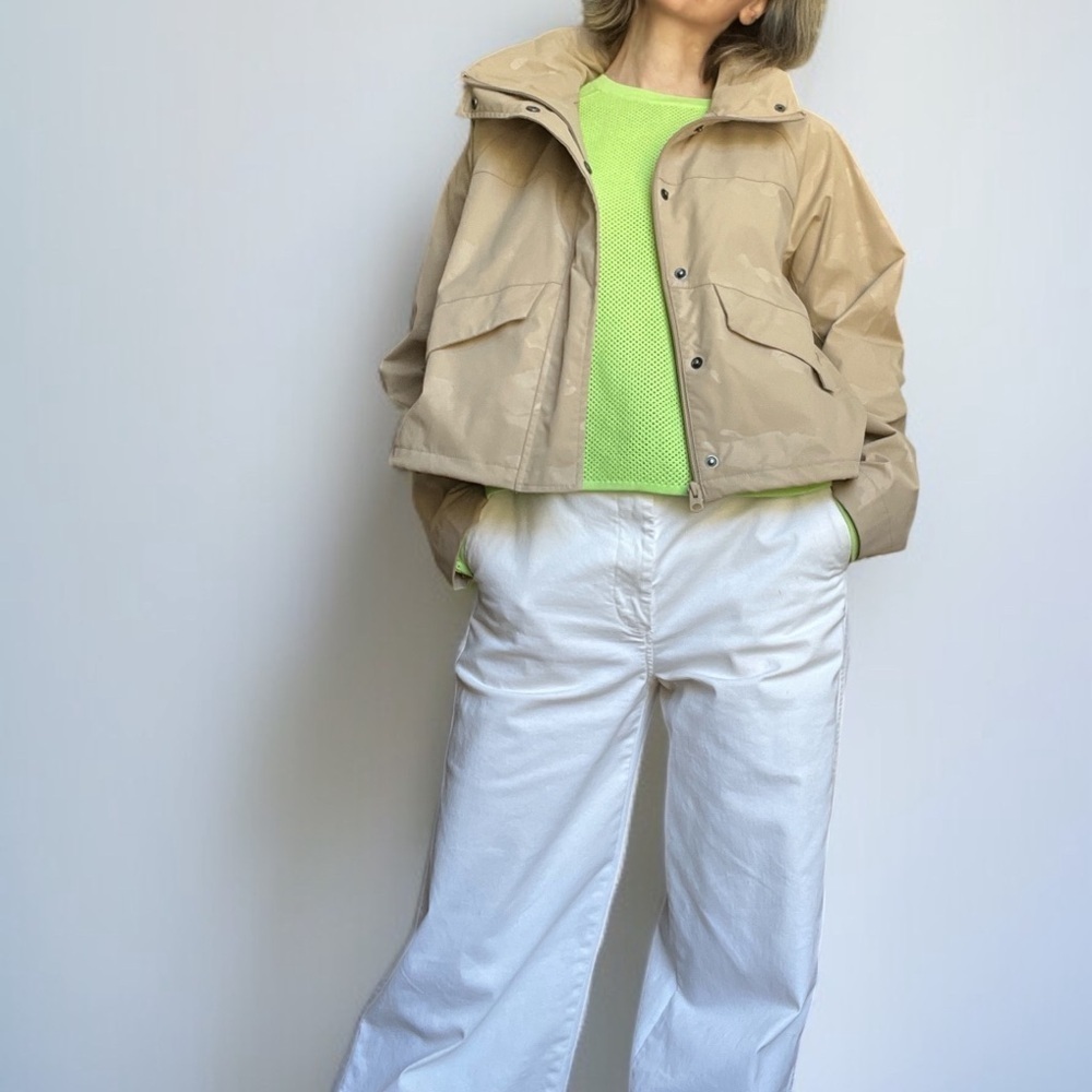 Champion Tan Cropped Trench Utility Jacket High Neck Camo Boxy Streetwear M